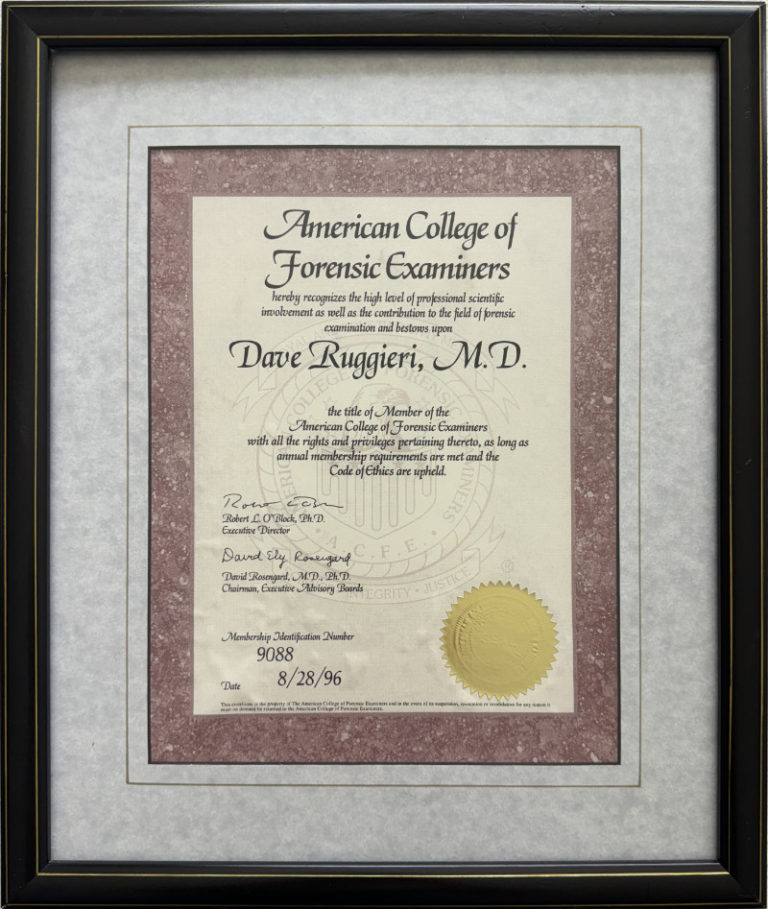 Certificate of membership from the American College of Forensic Examiners