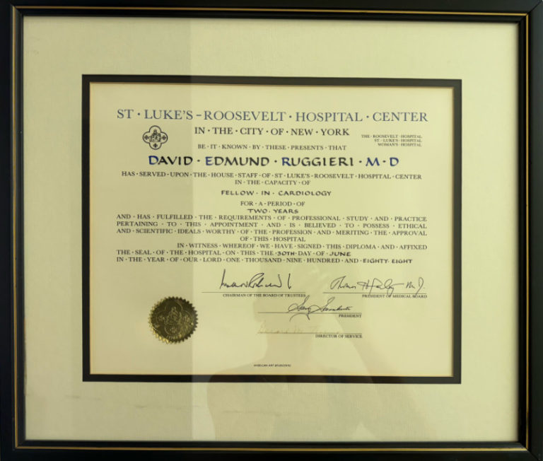 Fellow in Cardiology Certificate from St Luke's Roosevelt Hospital Center, New York City