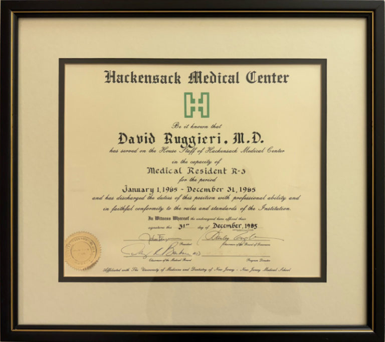 Medical Residency R-3 Completion Certificate from Hackensack Medical Center