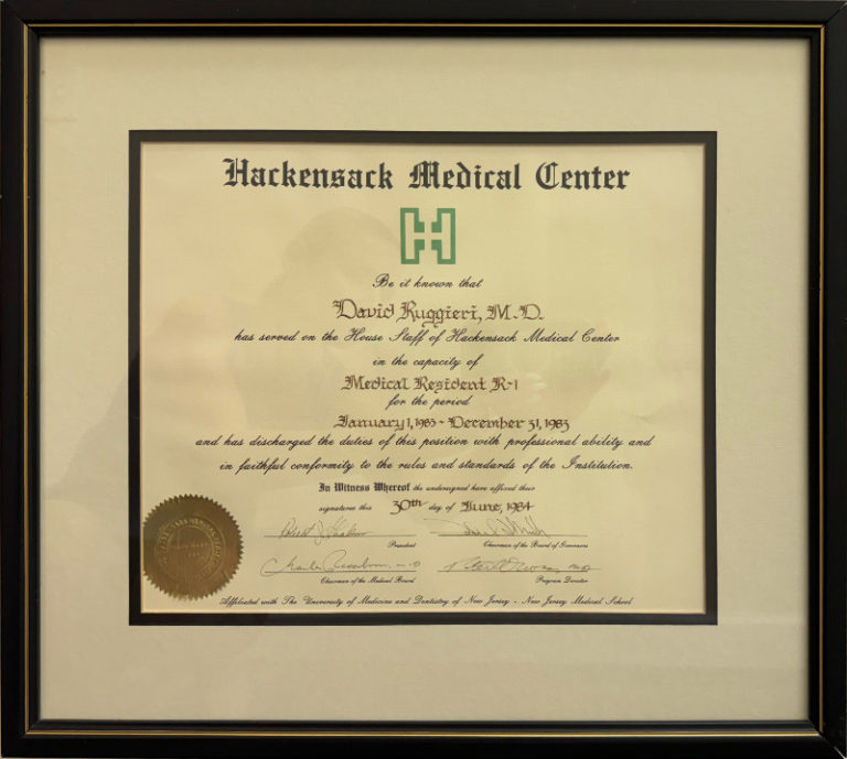 Medical Residency R-1 Completion Certificate from Hackensack Medical Center