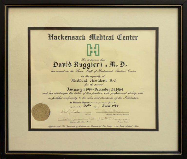 Medical Residency R-2 Completion Certificate from Hackensack Medical Center