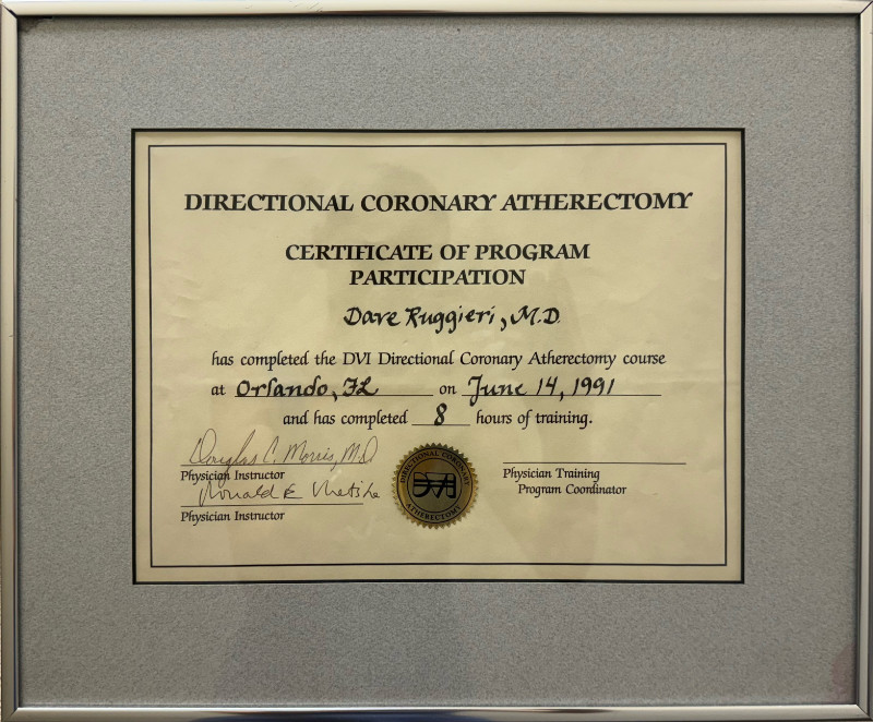 Certificate of completion of the DVI Directional Coronary Atherectomy course in Orlando Florida