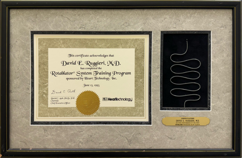 Certificate of completion of Rotablator System Training sponsored by Heart Technology and award for completing the first rotablator procedure in the state of Florida