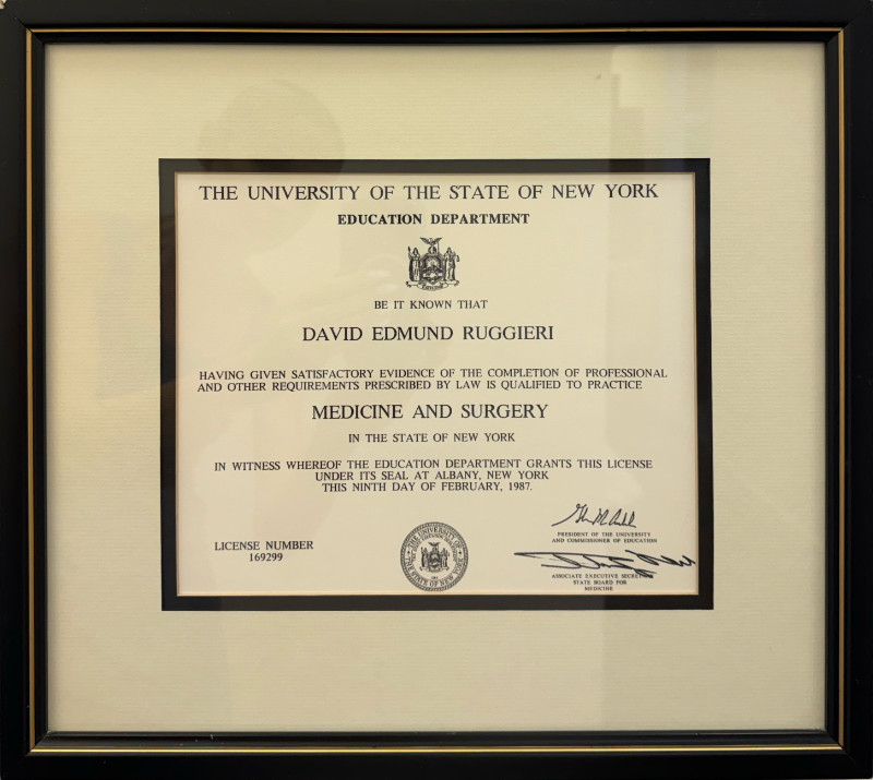 Certification and license to practice Medicine and Surgery in the State of New York